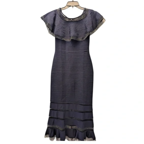 Tadashi Shoji Navy Blue Ruffle Pintuck Maxi Party‎ Bodycon Stretchable Sz XS - Picture 2 of 11